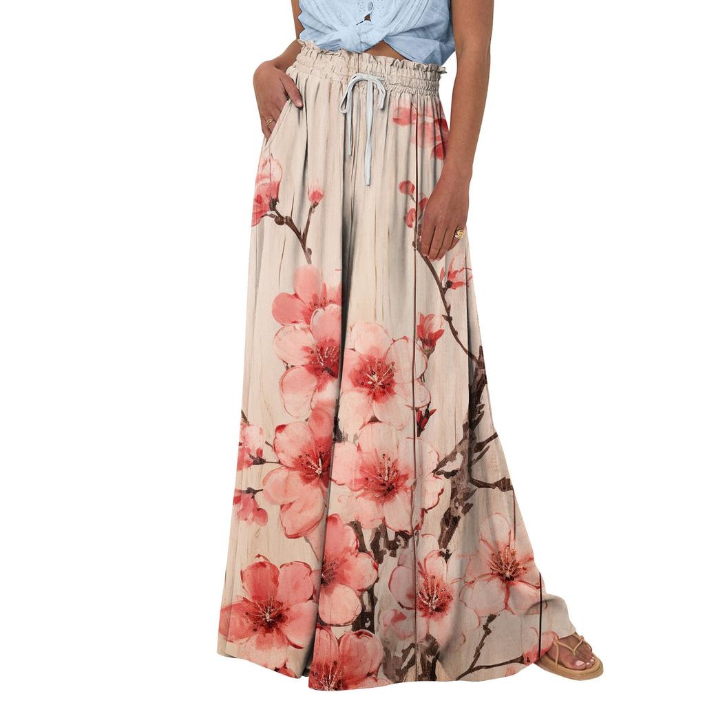 Pantalon Palazzo taille haute pour femmes, jambes larges, décontracté, fluide, imprimé Floral, pantalon de plage avec poche, été