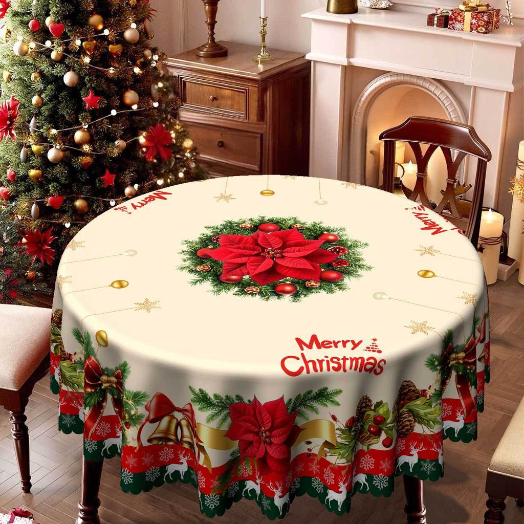 Weihnachtstischdecke, Rote Beere Grüner Kiefernzweig Schneeflocke Schleife Kranz, Europäische Weihnachtsdekoration Runde Tischdecke