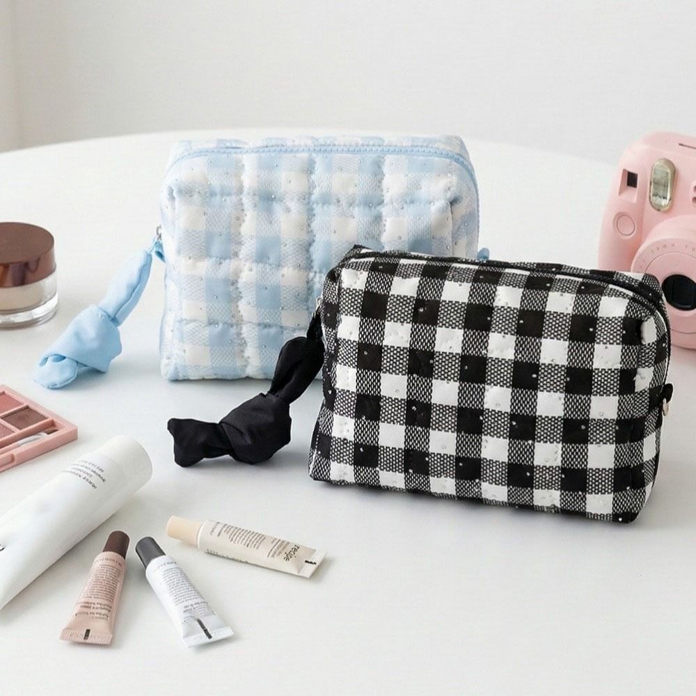 Large Capacity Checkered Cosmetic Bag Checkerboard Pattern Korean Style Makeup Bag High Beauty Score Women Toiletry Bag
