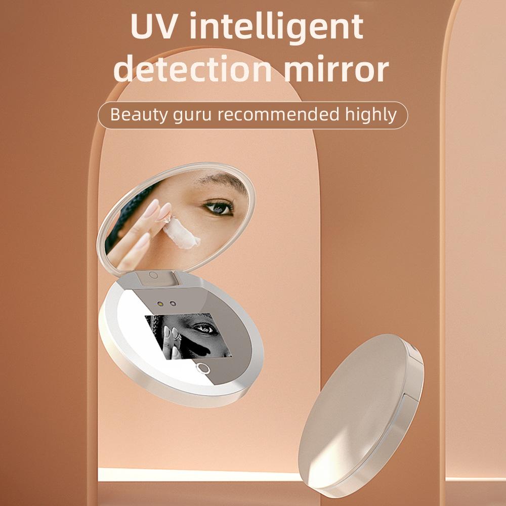 Sunscreen UV Mirror with UV Camera for Sunscreen Test LED Fill Light 3 Light Mode Travel Makeup Mirror Handheld Make Up Mirror