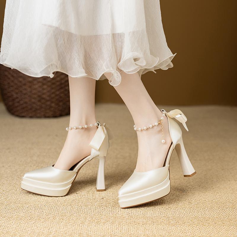 

High heels thick heel small waterproof table not tired feet fairy wind pearl straps bridal wedding shoes with wedding dress 34