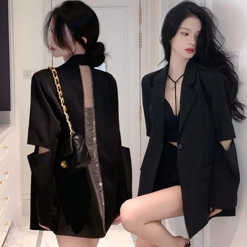 Blazer da Donna Primavera e Autunno Schiena Svuotata Catena Monopetto Manica Lunga Giacche Tailleur Blazer Casual Femminili