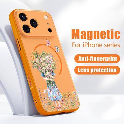 Case For iPhone 17 Pro Max Cartoon Flower Girl Pattern Magnetic For Magsafe Hybrid Slim Matte Cover For iPhone 16 15 14 13 Pro Max