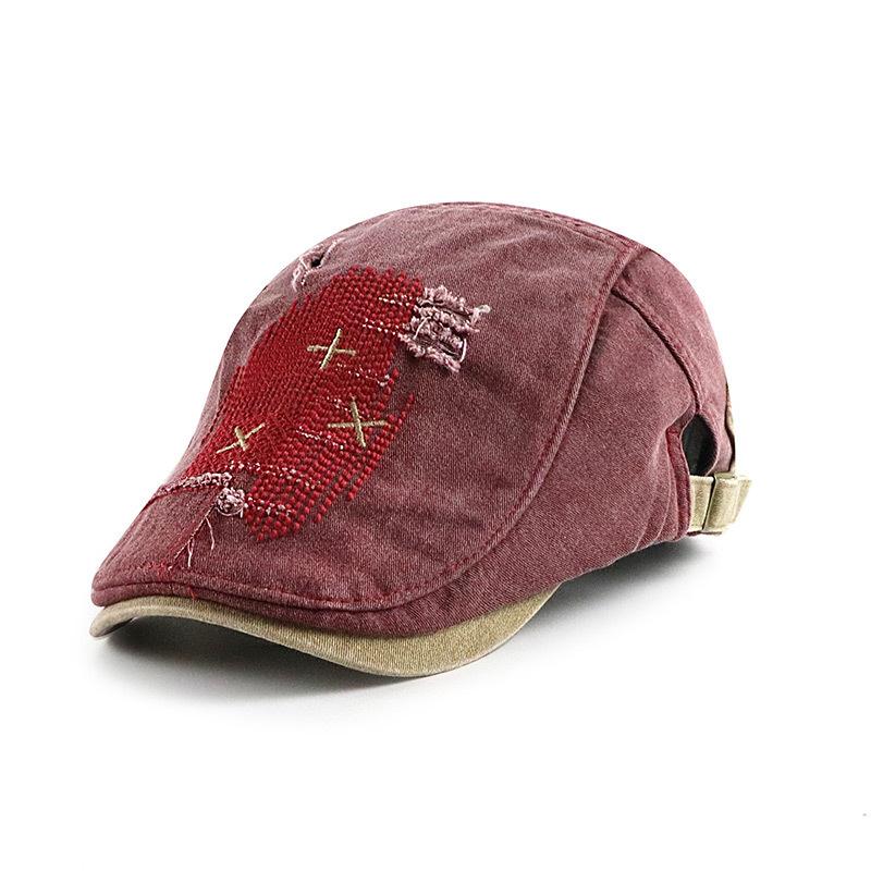 

Patchwork vintage baseball cap, ripped and distressed, retro washed, forward-facing cap, denim beret, embroidered adjustable вина червоного кольору