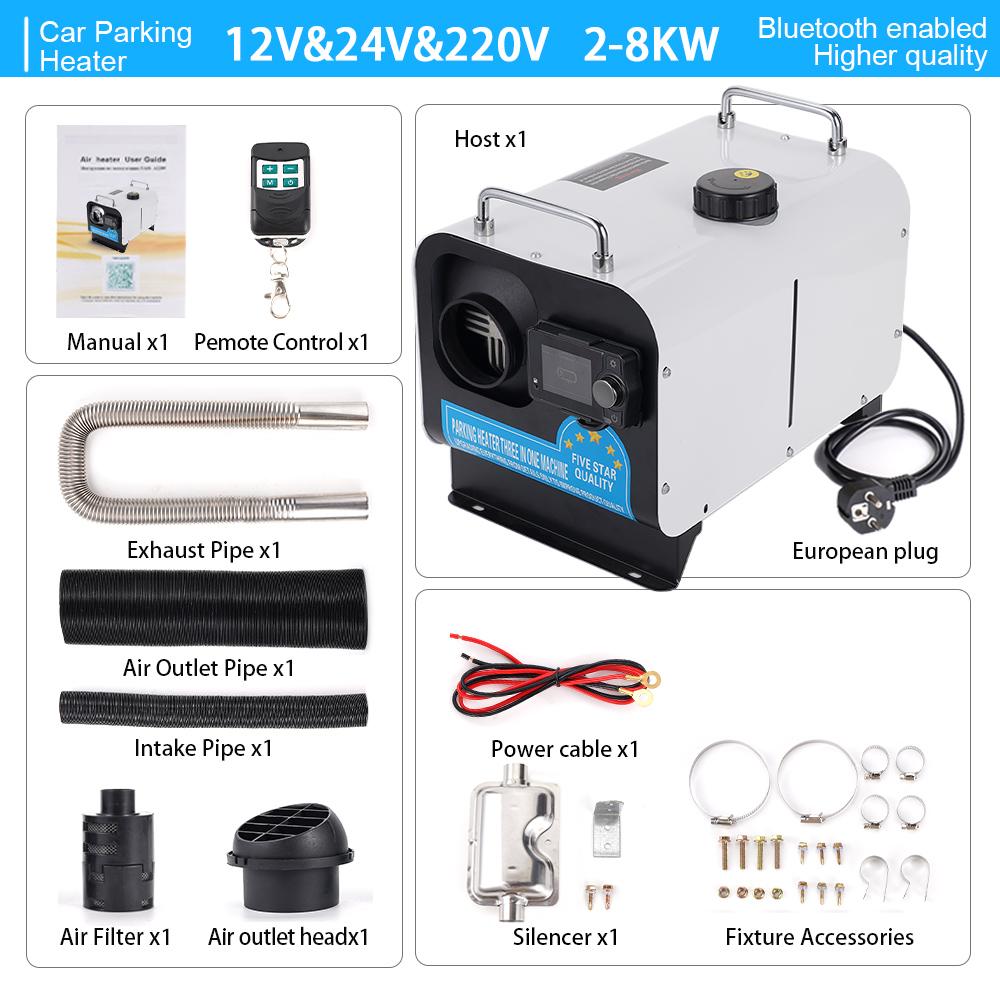 

12 В, 24 В, 220 В, 2-8 кВт дизельный воздушный обогреватель, все в одном, парковочный обогреватель с управлением через приложение Bluetooth для дома, автофургона, универсальный чёрный