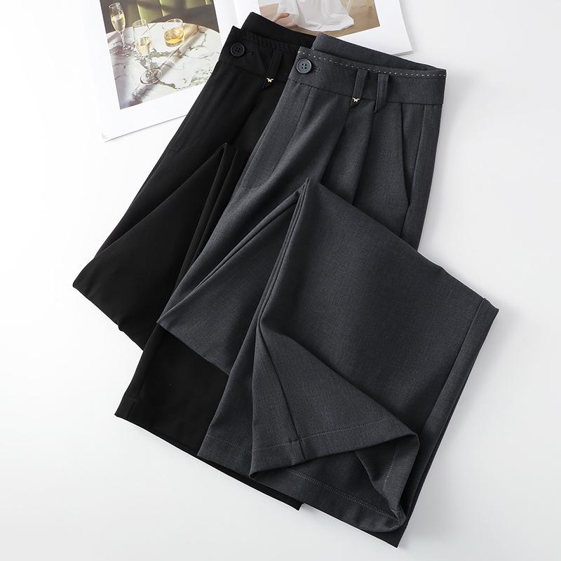 2025 Women's Gray Wide-Leg Floor-Length Pants - Summer Slimming, Loose Fit with a Drapey High-End Feel