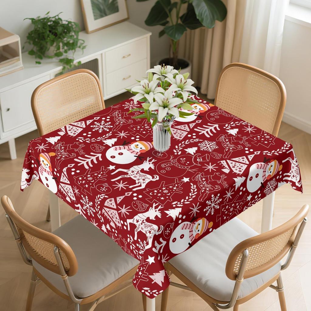 Festive Christmas Snowman Square Tablecloth Washable Winter Holiday Decorative Table Cloth Cover for Dining Party Picnic