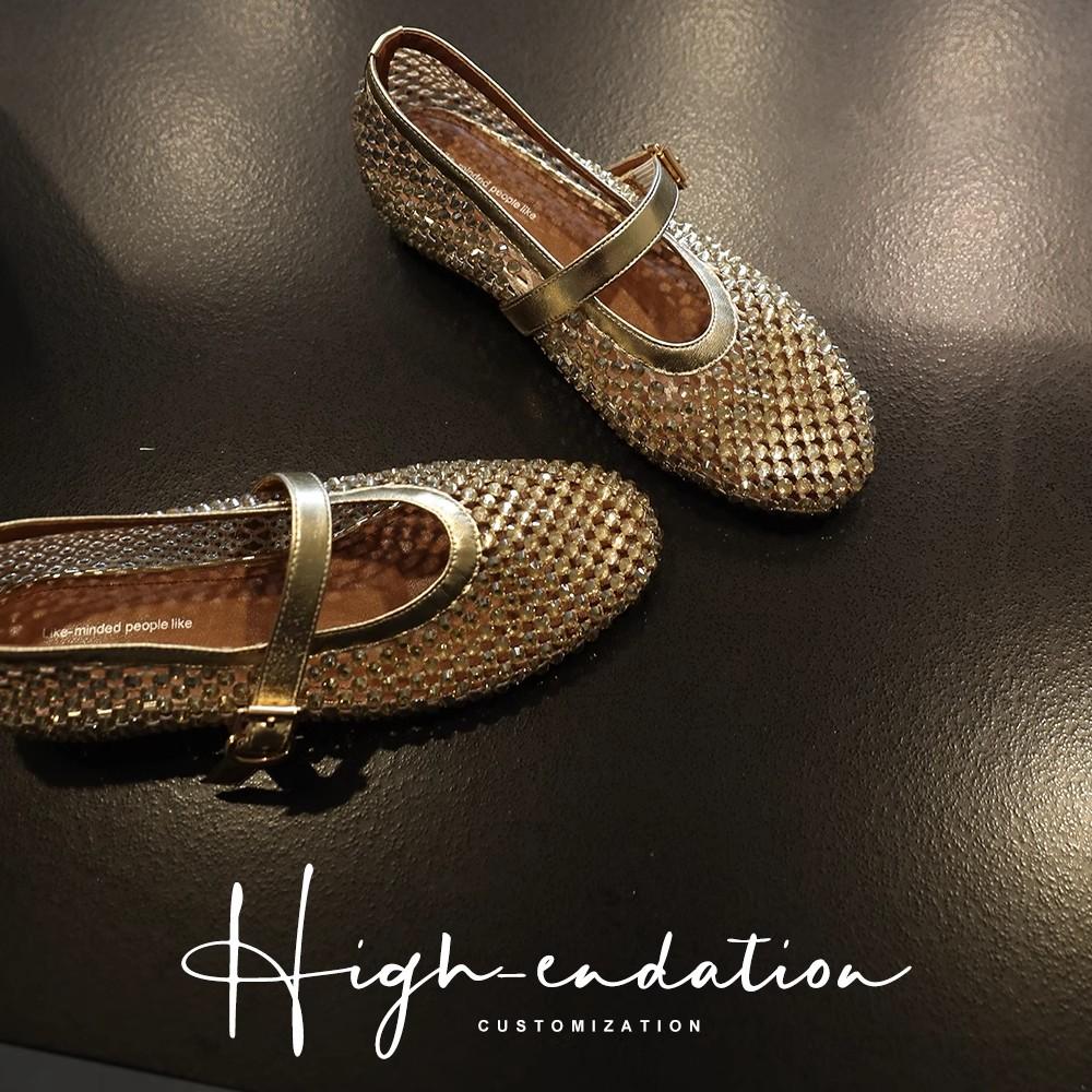4cm Height Increase Mary Jane Mesh Shoes Ballet Shoes 2025 New Full Diamond French Beautiful Flat Shoes Women's Shoes
