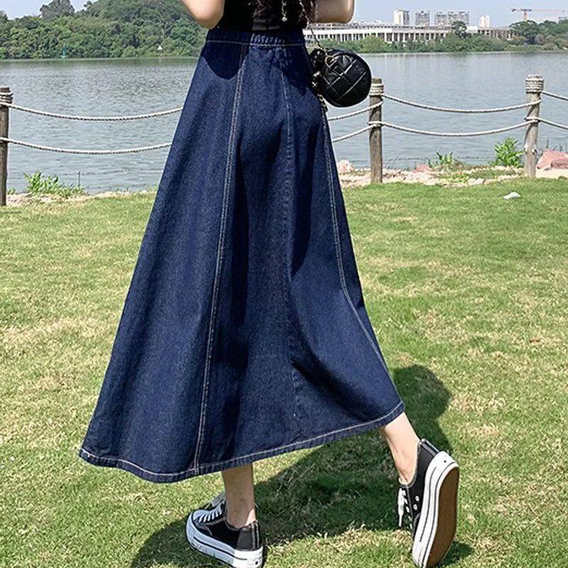 Women's Long Denim A-Line Pleated Skirt Summer Mid-Length, High Waist, Casual and Versatile