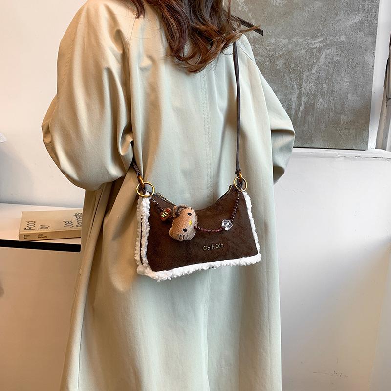 2025 new niche design women's bag fur trim splicing leather shoulder handbag underarm bag fur bag women