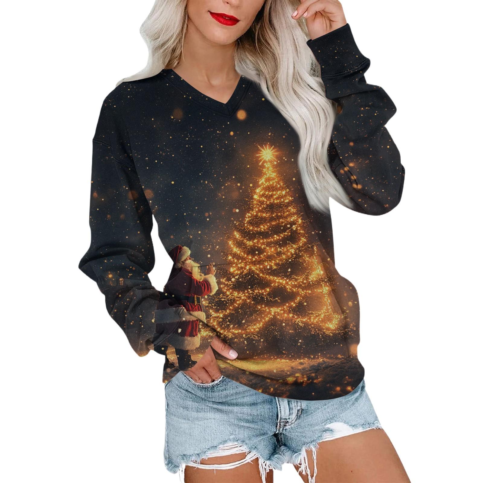 

Женская рождественская толстовка с V-образным вырезом, длинный рукав, повседневный легкий пуловер M киноварь