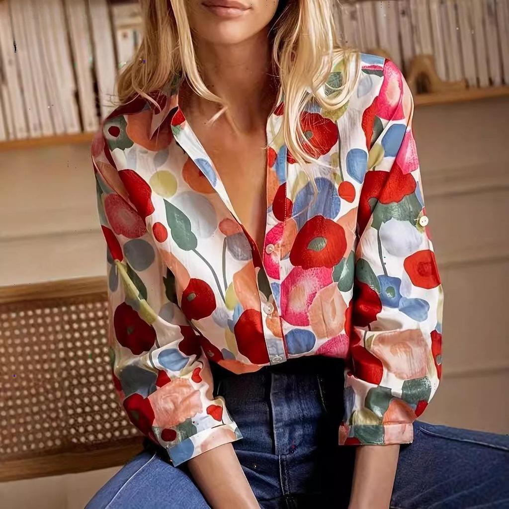 Women's Fashion Casual Summer Spring Flower Pattern Print 1/2 Sleeves V-Neck Blouses & Shirts