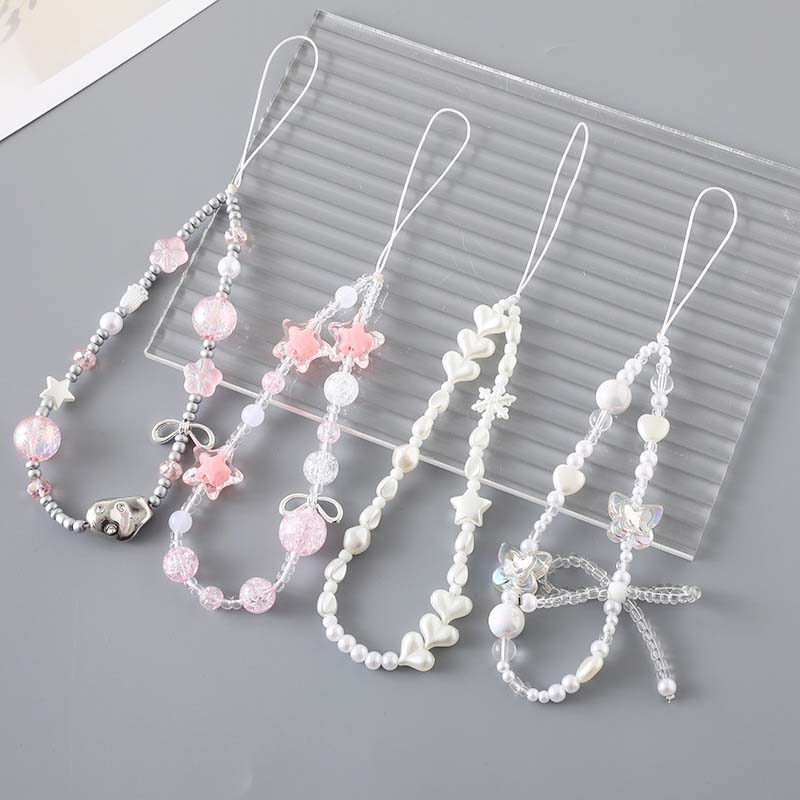 Einfache Alien Perle Stern Charmante Handgelenkschlaufe Handyhülle Seil Schmuck für Frauen Trendy Liebe Perle Schleife Perlen Handykette Lanyard