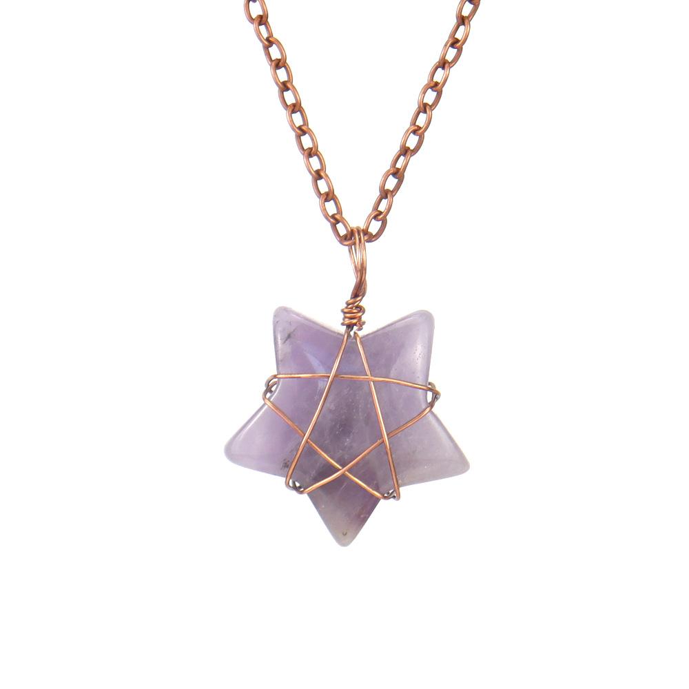 Hand-Wound Retro Natural Crystal Agate Pentagram, Amethyst Star Necklace N582
