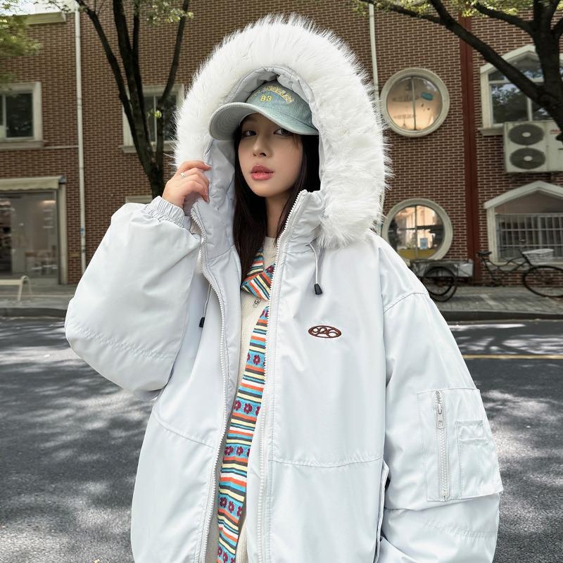Autumn and Winter New Letter Embroidered Zipper Warm Thickened Large Fur Collar Jacket Cotton Jacket