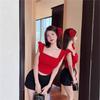 Red Square Neck Small Flying Sleeves Slim and Thin T-shirt Summer New French Sweet Spice Girl Short Top Trendy