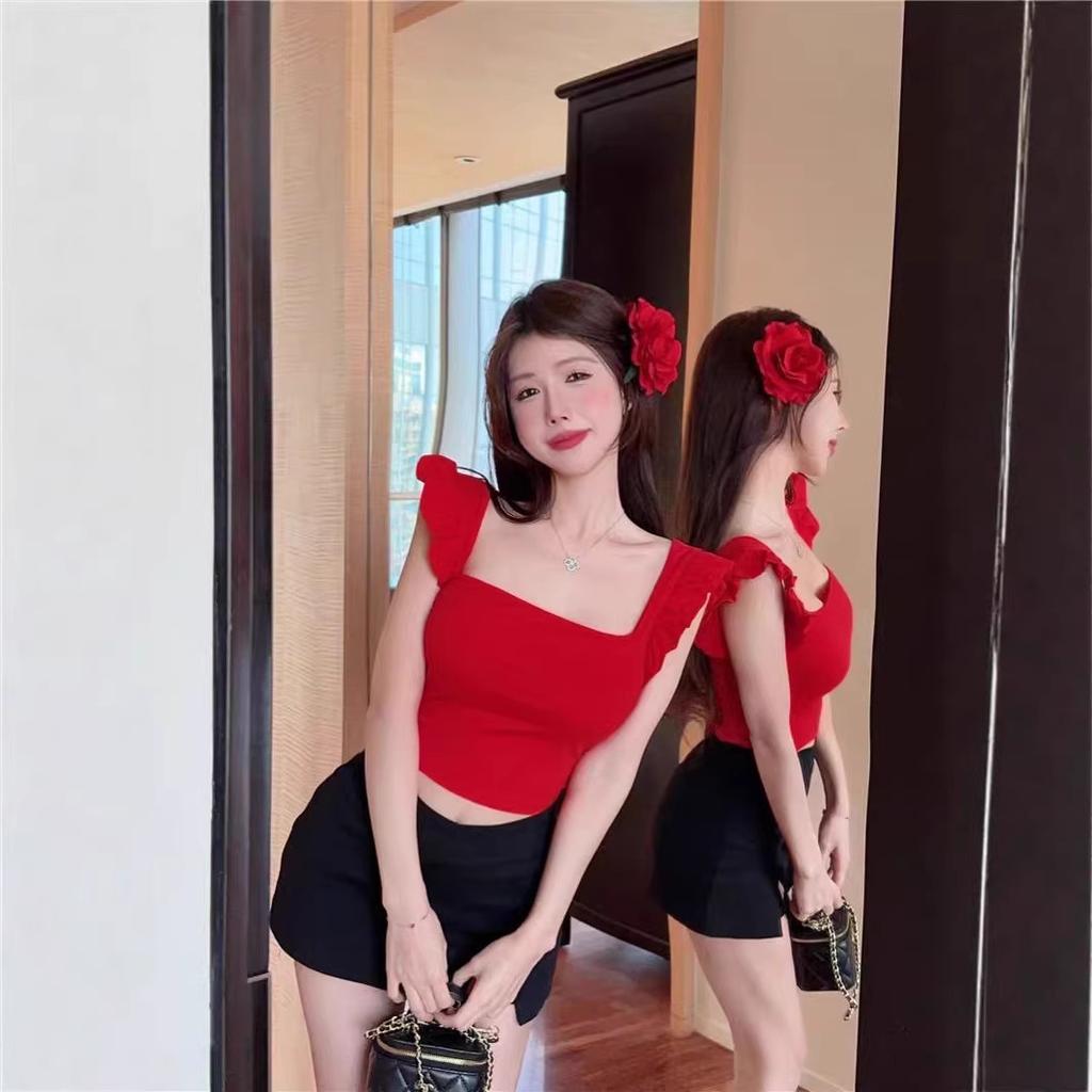 Red Square Neck Small Flying Sleeves Slim and Thin T-shirt Summer New French Sweet Spice Girl Short Top Trendy