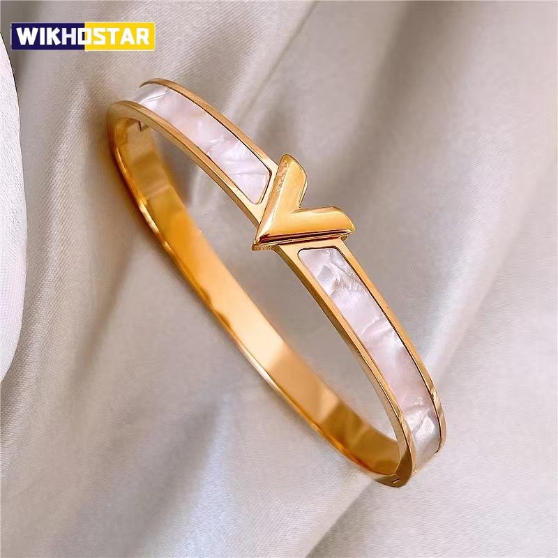 316L Stainless Steel Letter V Bangles&bracelets for Women Fashion Brand Jewelry Multicolor Hollow Crystal Bangles Accessories