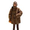 Women's medium and long chocolate horn buckle coffee lamb wool coat Women's loose lazy wind thick fur coat