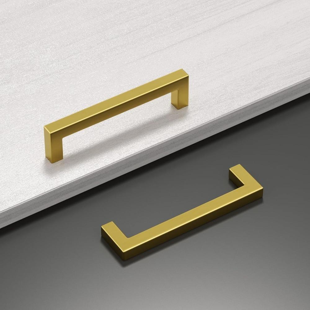 2 pcs Brushed Gold Cabinet Handles Stainless Steel Square Bar Pulls for Kitchen Bathroom Cupboard