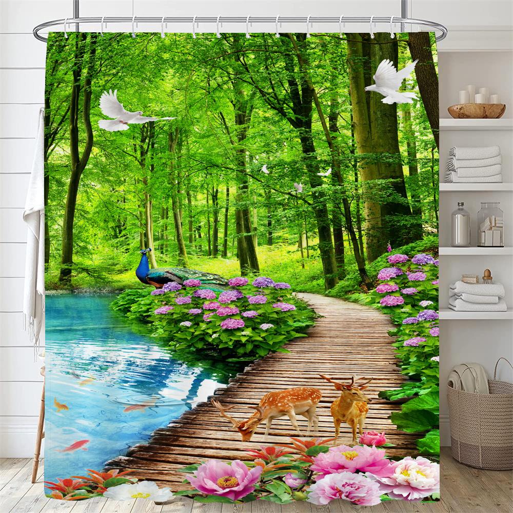1 Pcs Forest Pattern Polyester Material Shower Curtain Waterproof Fabric, Partition Curtain For Bathroom,Home Decoration Curtain