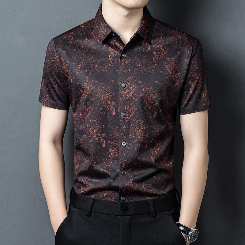 Fashion Trendy Printed Casual Lapel Collar Shirt Short Sleeve Summer Casual Versatile M