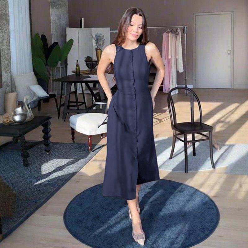 

Stock 2025 Summer New European and American Cross-Border Foreign Trade Women clothes Sleeveless Button Waist Hugging Temperament Fashion Dress Female Dark Blue 2XL