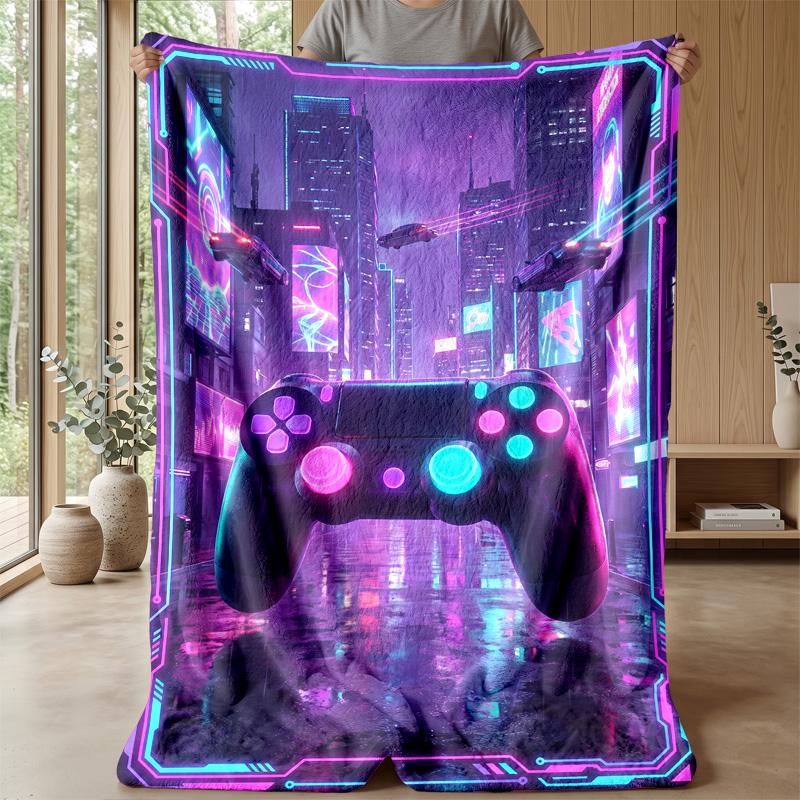 Cyberpunk Game Controller City Blanket Personalized Name Flannel Blanket Soft Cozy Plush Throw for Sofa Bed Lightweight Home Decor