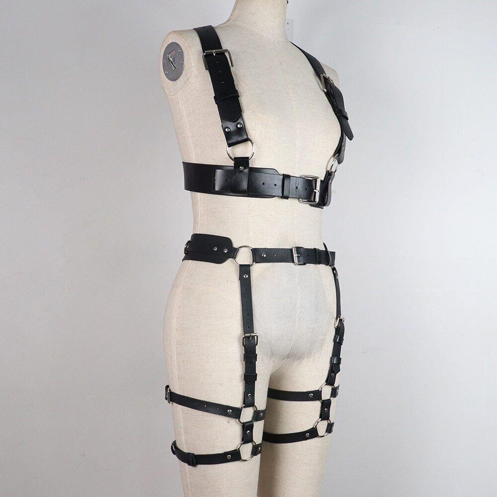 Women's Punk Full Body Harness Gothic Garter Belt Party Suspenders Leather Cage Chest Strap Set with Handcuffs Bondage Gear
