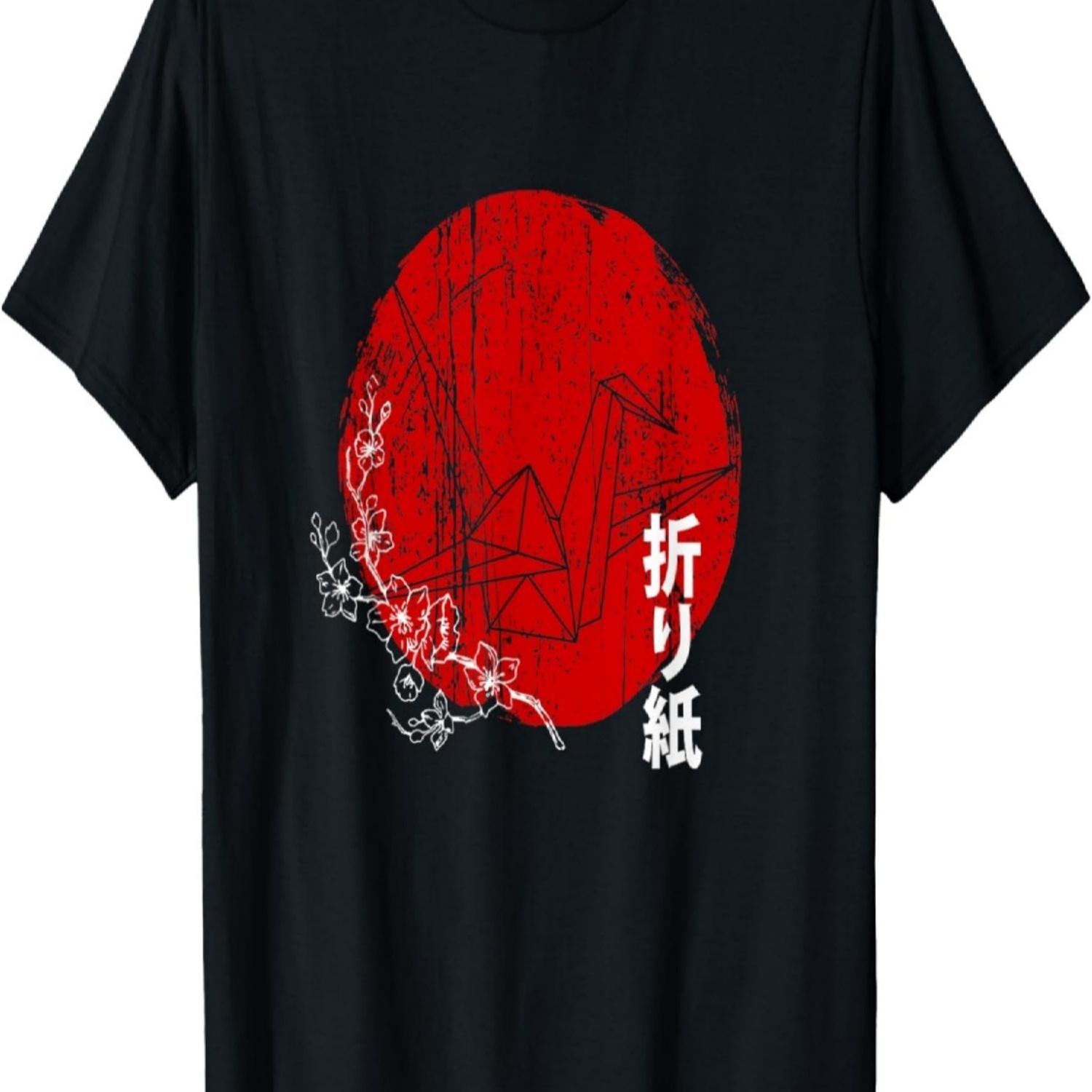 Red Sun Origami Paper Bird & Sakura Cherry Blossom T-Shirt S чёрный