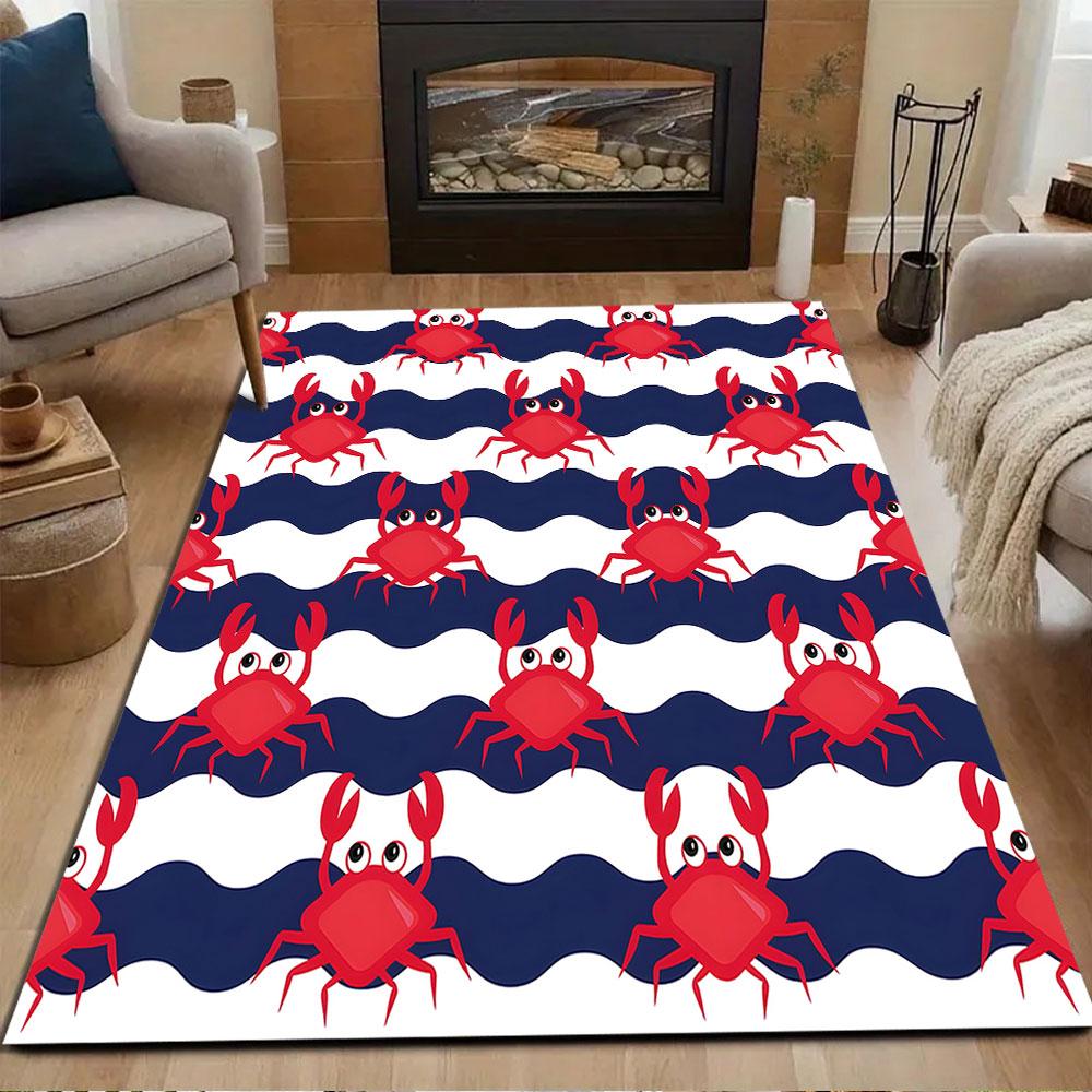 Red Crabs On Blue and White Waves Patterned Carpet, Non Slip Mat Suitable for Living Room and Bedroom Sofas