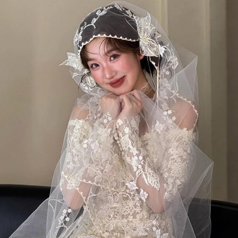 Seethrough Sheer Bridal Veils with Lace Trim French Bowknot Tulle Head Veils For Wedding Ceremonies And Special Occasion
