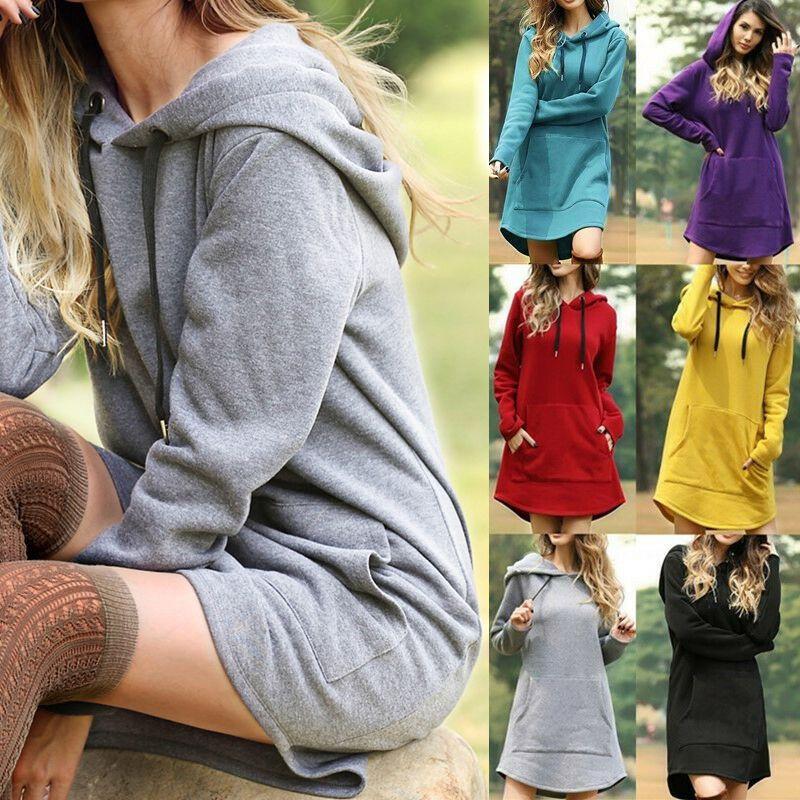 Cozy Womens Winter Long Sleeve Tunic Tops Pullover Hoodie Dress In Six Colors