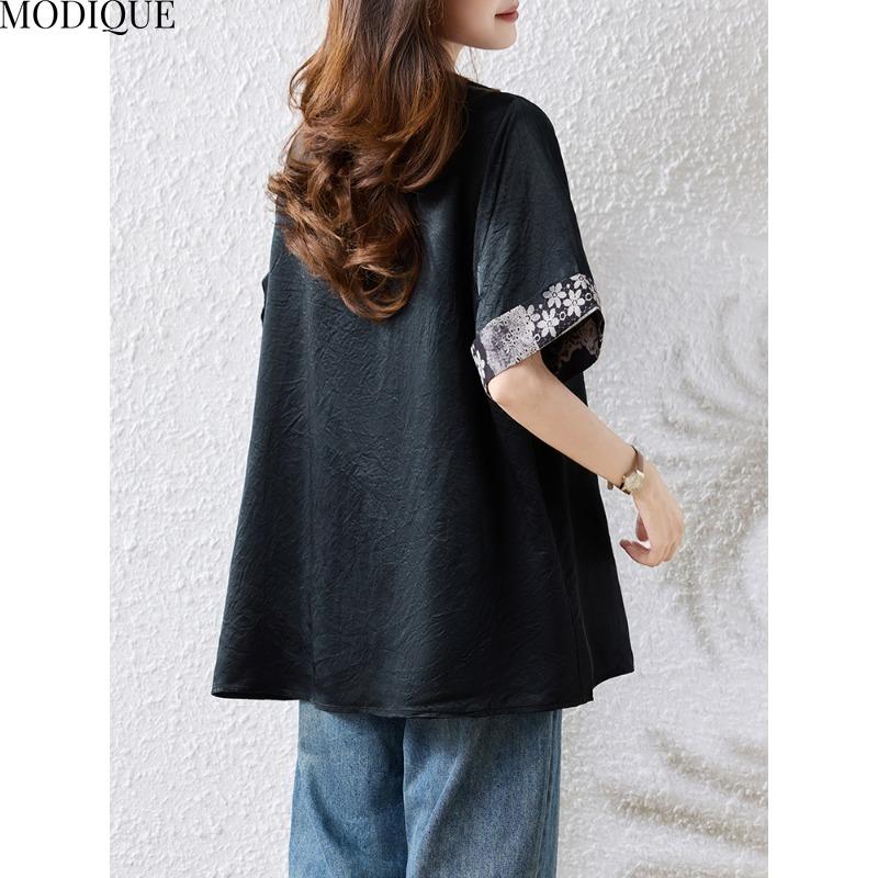 MODIQUE Spring Summer Plus Size New Women Loose Vintage Print Blouse Shirts Female Casual Oversize Spliced Short Sleeve O-Neck Top Folk