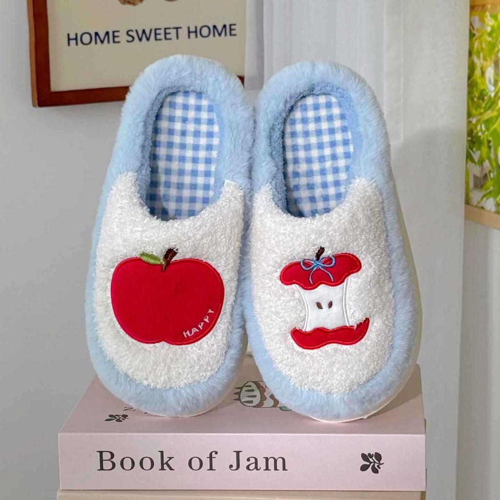 Cute fluffy red apple cotton slippers personalized versatile women's warm plush home cotton slippers autumn and winter thick bottom