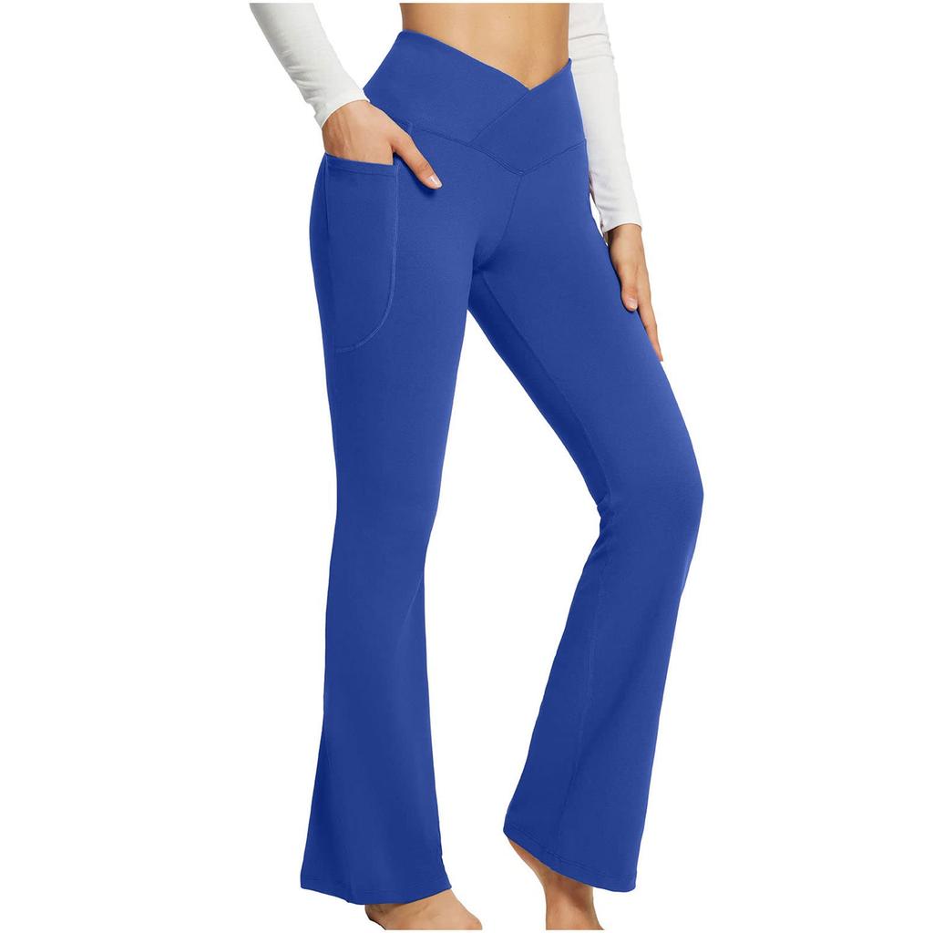 women's Cross V High Waist Flared Yoga Pants Pocket Slim Bootcut Trousers Casual Fitness Bottoms