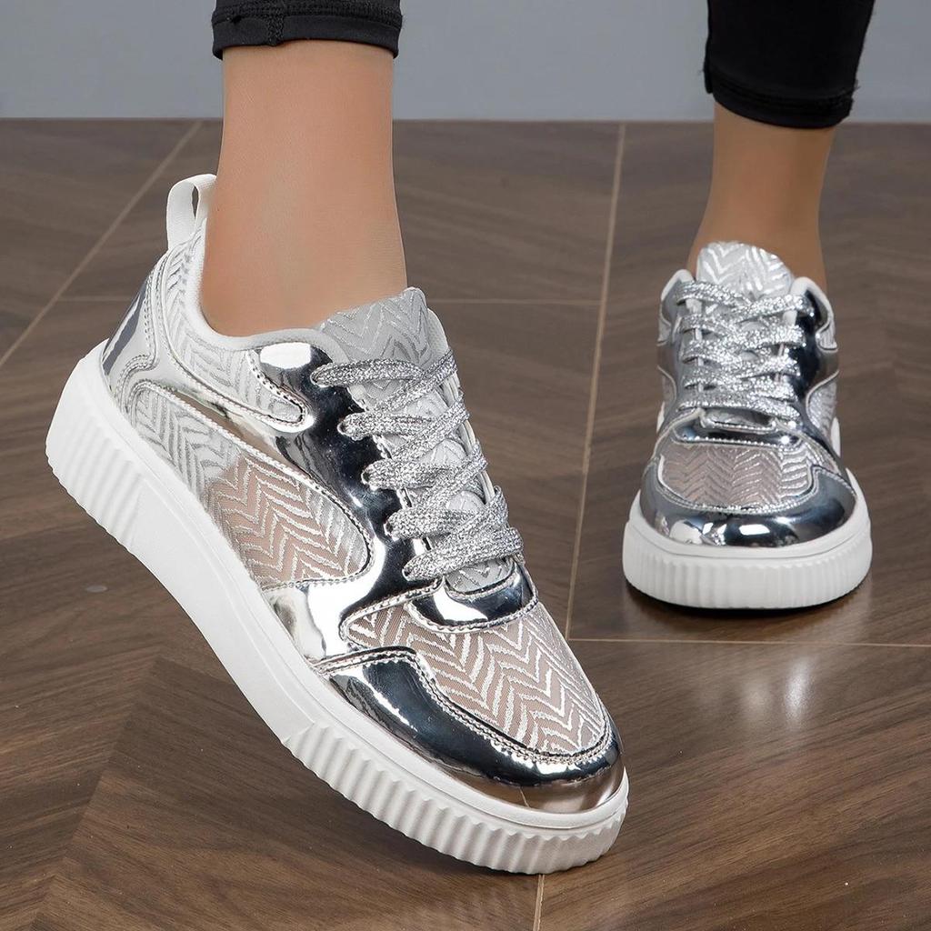 Scarpe da Ginnastica Color Metallo Casual Vulcanizzate Scarpe Sportive Fashi Scarpa Bianca per Donna Scarpe Basse Scarpe Traspiranti Estive Donna