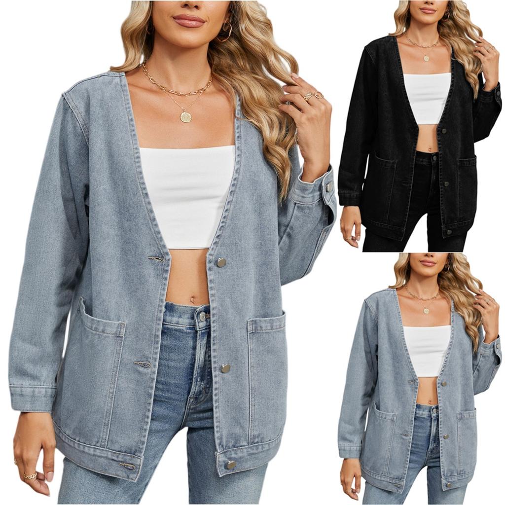 Women's Fashionable Versatile Classic Retro Solid Color V Neckl Long Sleeved Pocket Loose Denim Jacket