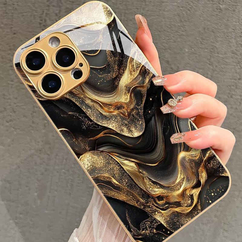 Jinsha Marmormuster Gold Metallic Lack Glas Handyhülle Für iPhone 17 Pro Max 11 12 13 14 15 16 Pro 14 Plus 17 Air 16E Hülle