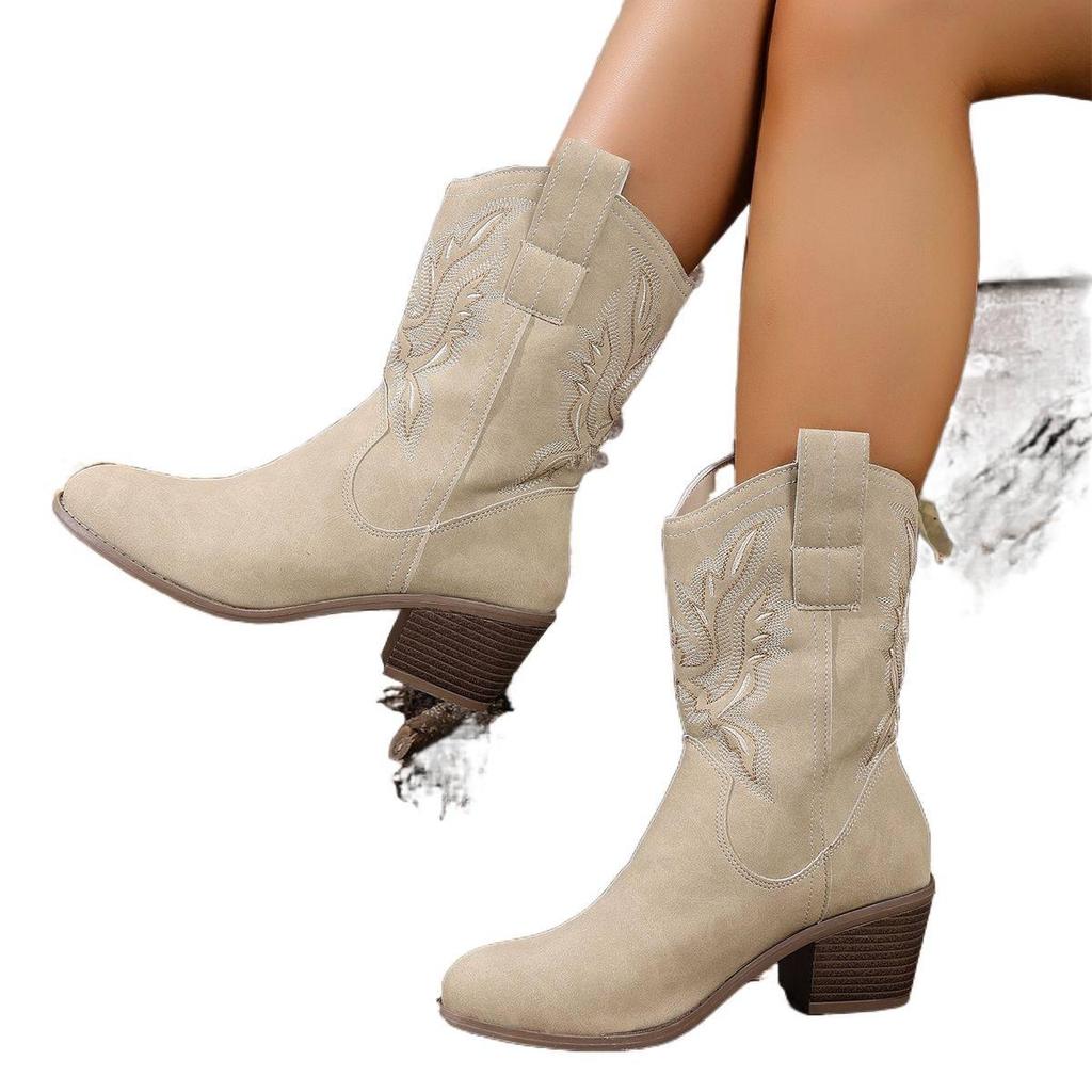 Damen Retro Western Bestickte Cowboy Martin Stiefel - High-Top, V-Ausschnitt Ritterstil