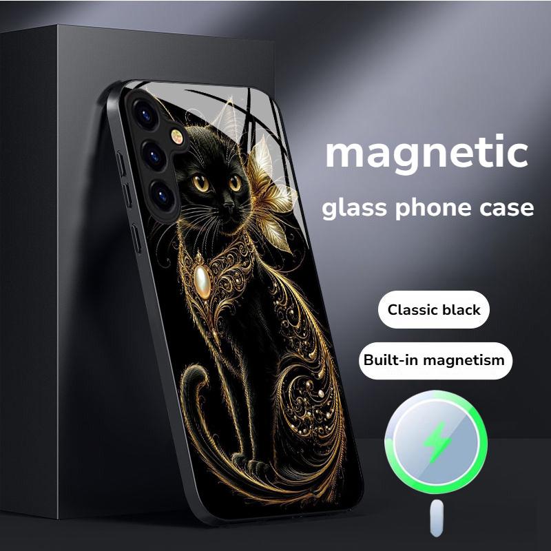 New Magnetic Tempered Glass Phone Case Featuring a Cat for Samsung Galaxy Note20/S20/S21/S22/S23/S24/S25/ Plus Ultra 5G