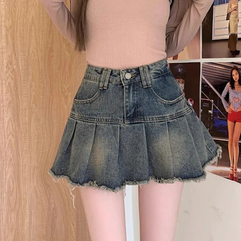 American Retro High-Waist Denim A-line Pleated Mini Skirt 2026 for Women
