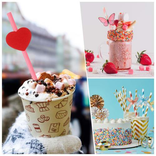 uxcell 60pcs Ribbon Bow Striped Paper Straws, Disposable Straws for Weddings, Birthday Parties, Cake Decorations, Pink