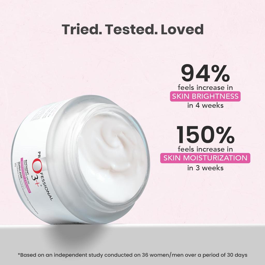 O3+ Radiant Day Cream SPF 30 For Glowing Even Skin Tone Moisturises Protects All Skin Types 50g