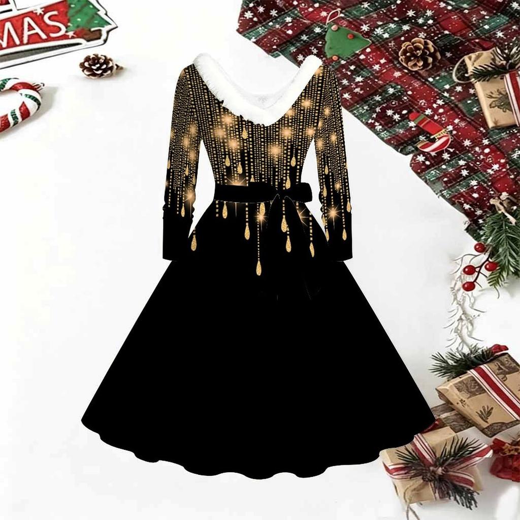Dames Kerstprint Midi Jurk, Lange Mouwen V‑hals Bontrand A-lijn Feestjurk, Kerst Limited Edition