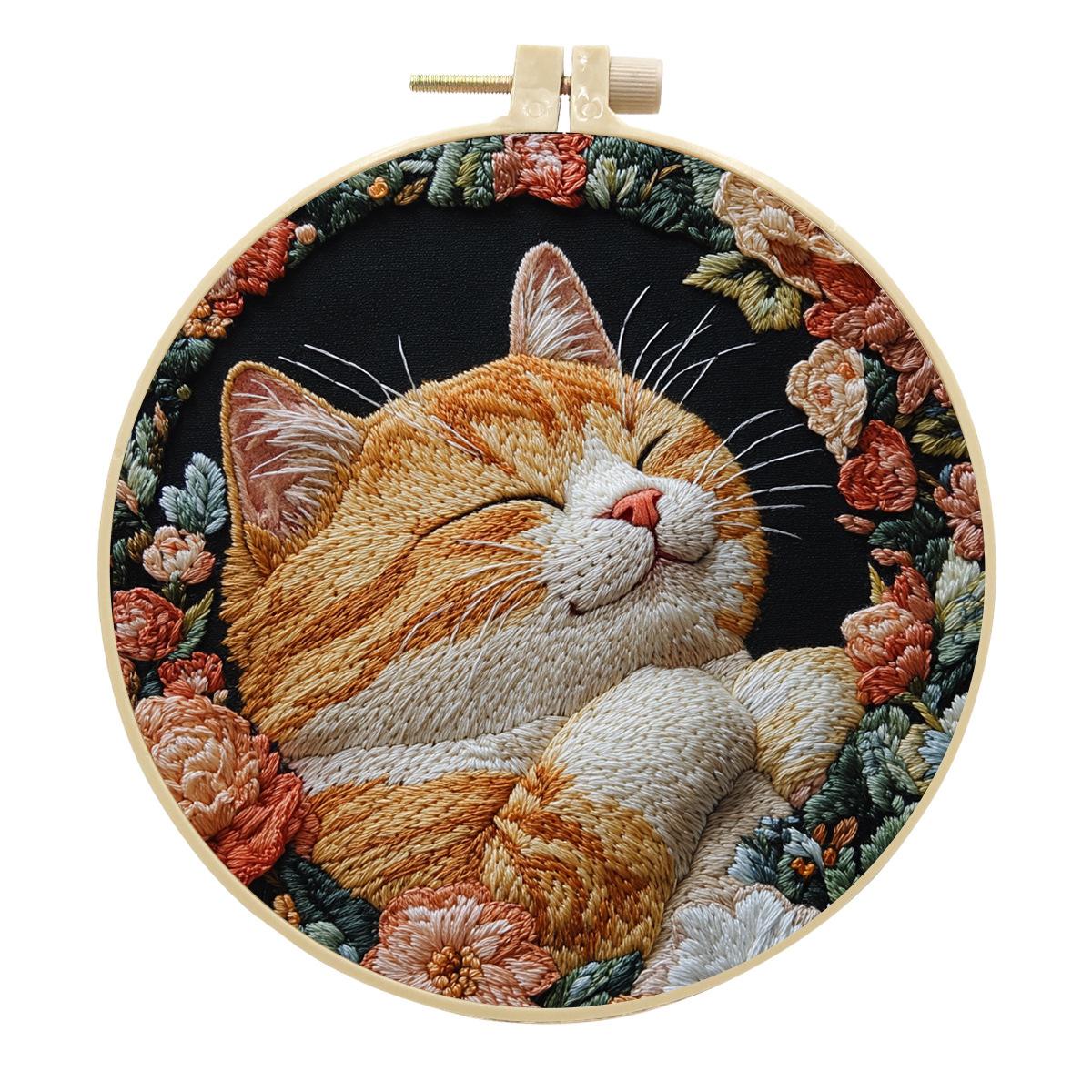 

New Cat Flower Black Cloth Pattern Embroidery DIY Handicraft Kit Set with Needle Instruction Stamped Clothes Kit for Room Decor With accessories