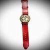 Compass Style Wristwatch with Red Leather Strap  Steampunk Antique Look
