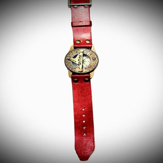 Compass Style Wristwatch with Red Leather Strap  Steampunk Antique Look
