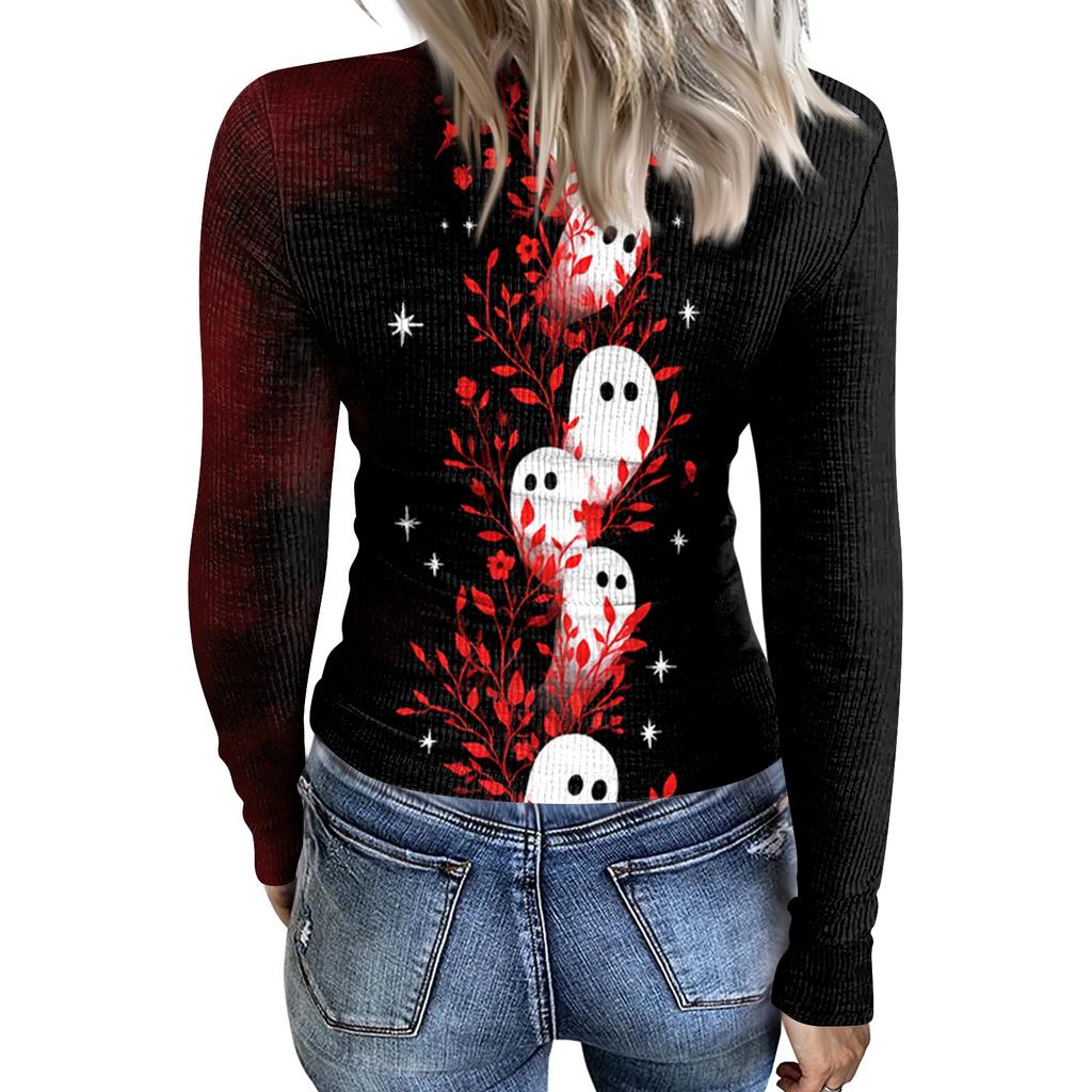 Women's Casual Long Sleeve Ribbed Top Crew Neck Halloween Ghost Print Slim Fit Stretchy Shirt for Everyday Wear