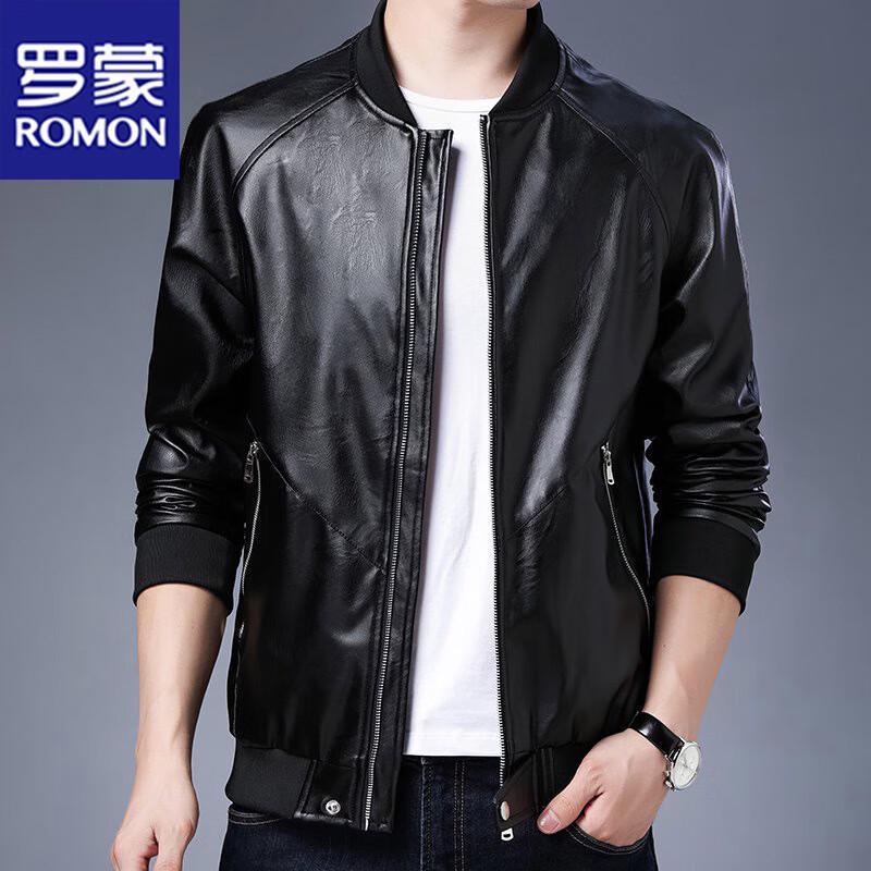 ROMON Men's Slim-fit Baseball Collar Faux Leather Jacket